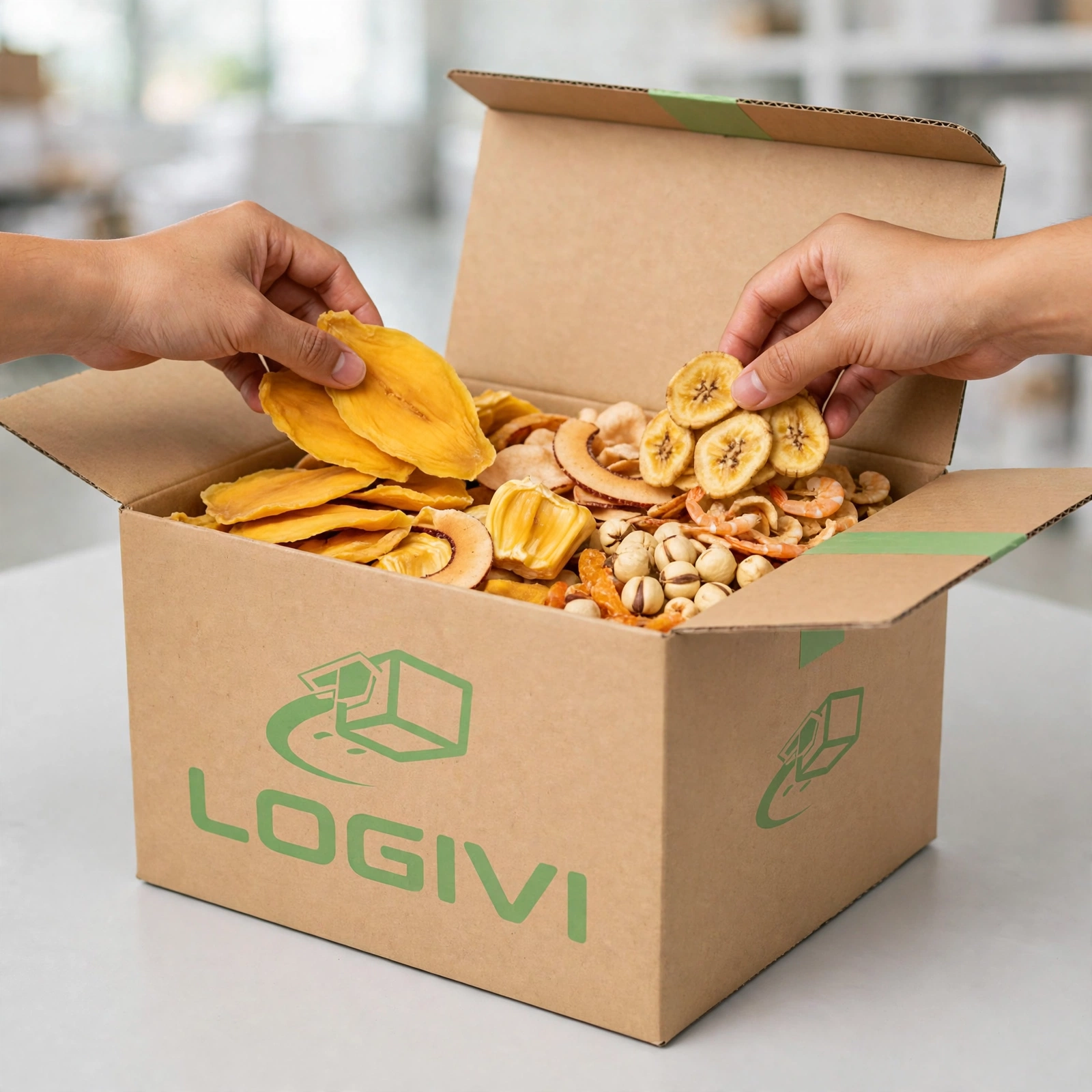 Gửi đồ ăn đi Campuchia: thùng carton Logivi đóng gói đồ ăn