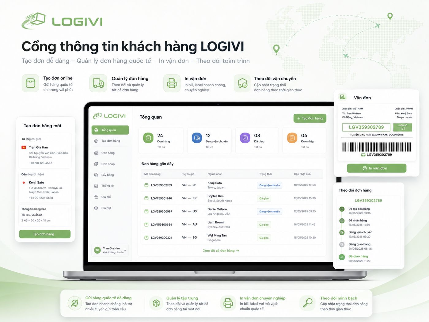 Cổng thông tin khách hàng LOGIVI: tạo đơn, quản lý, in vận đơn