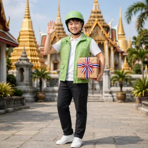 Gửi quà đi Thái Lan: model Logivi ôm quà, cờ Thái Lan