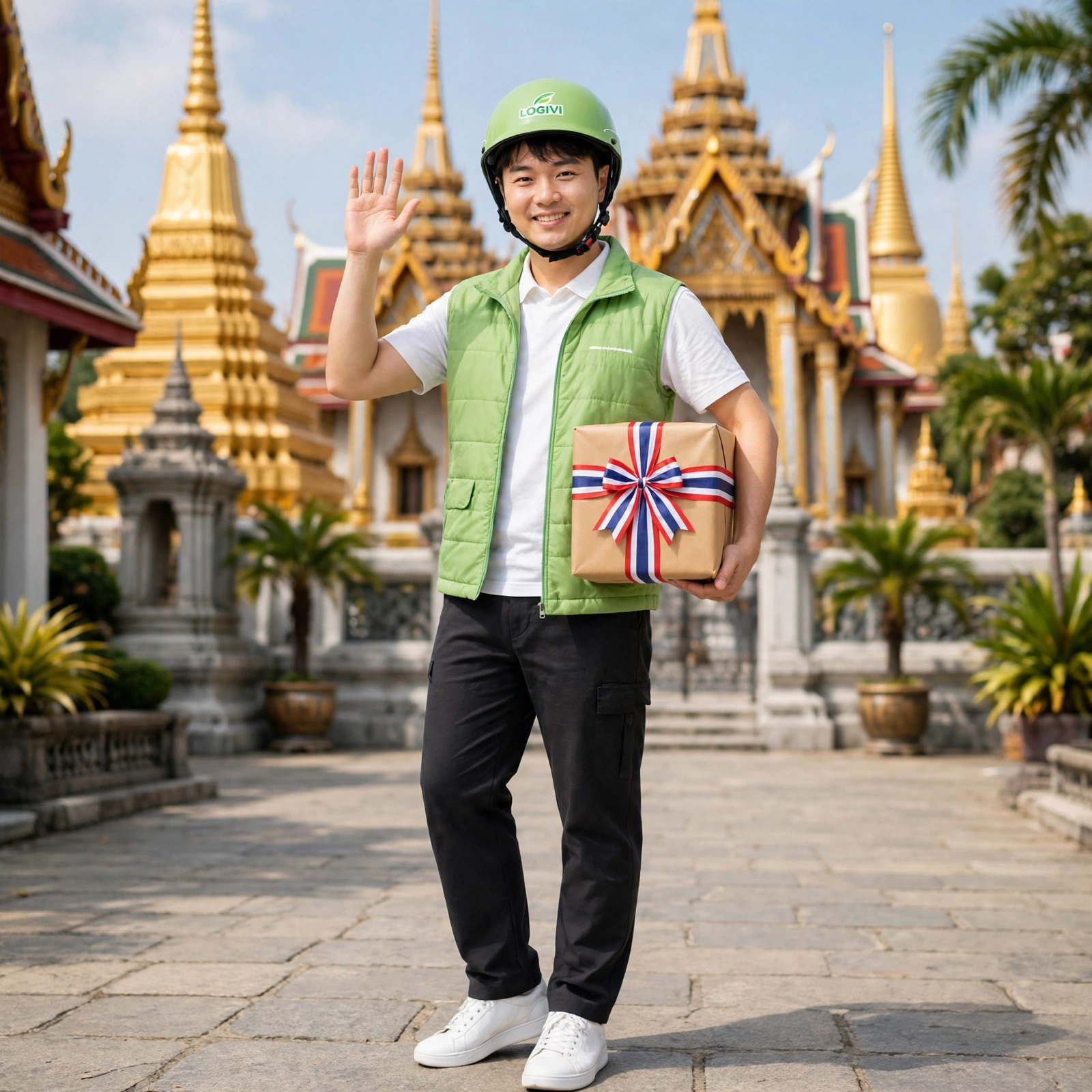 Gửi quà đi Thái Lan: model Logivi ôm quà, cờ Thái Lan