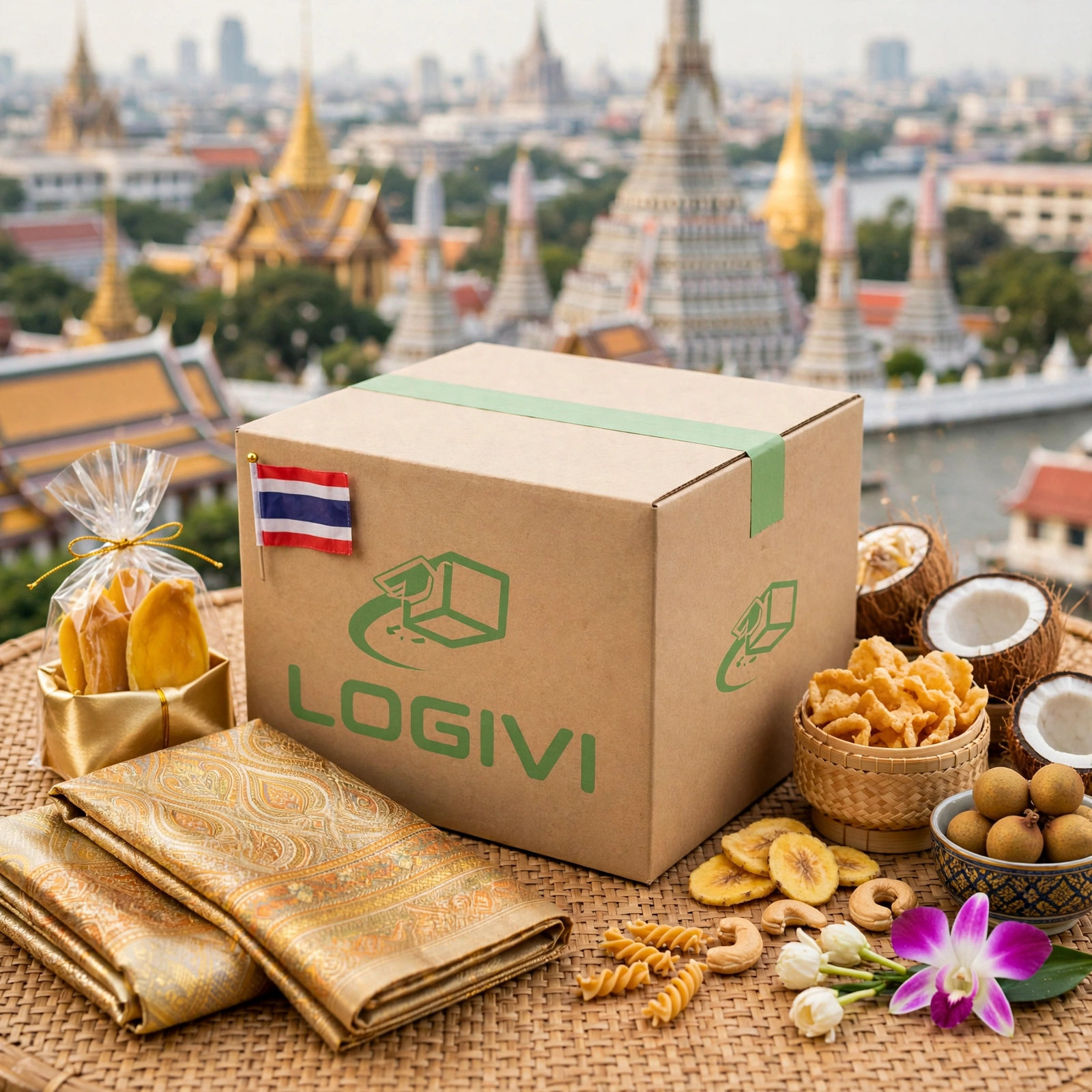 Gửi quà đi Thái Lan: thùng carton Logivi và cờ Thái Lan